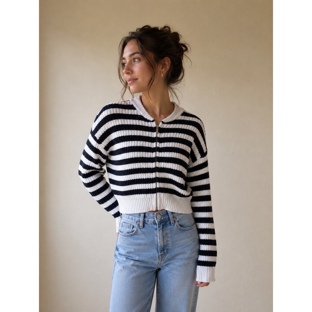 Sincerely Jules Striped Full Zip Cropped Knit Cardigan Sweater Navy White Small
